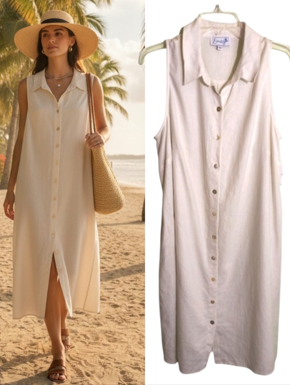 Everlily Linen Blend Midi Shirt Dress 1X White  Pockets Button Down
